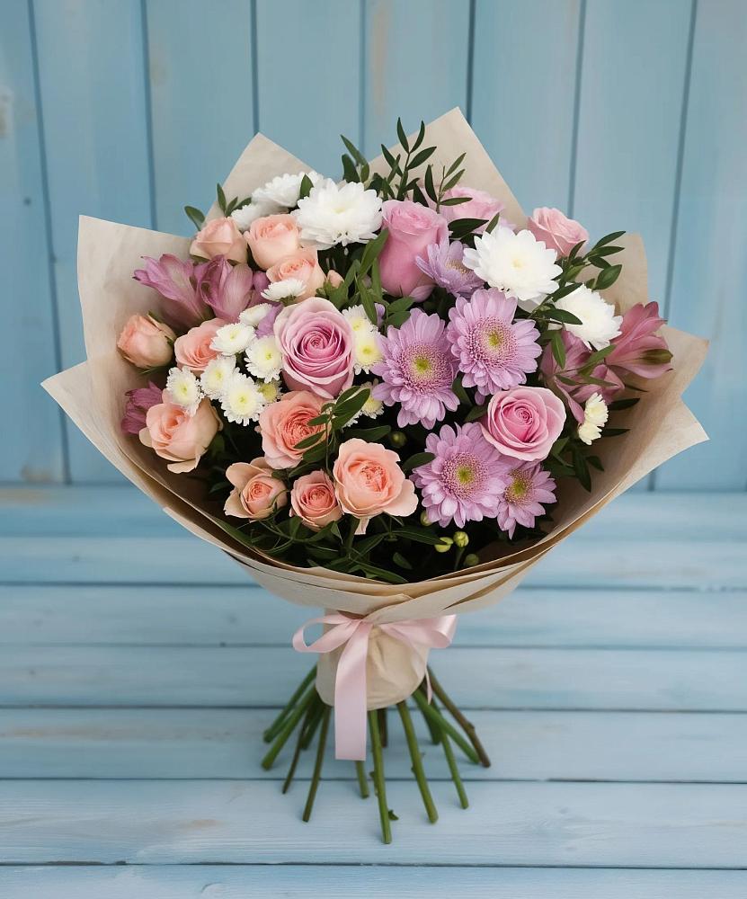 Букет цветов из: Хризантемы, Розы и Альстромерии в Юдино Республика Татарстан