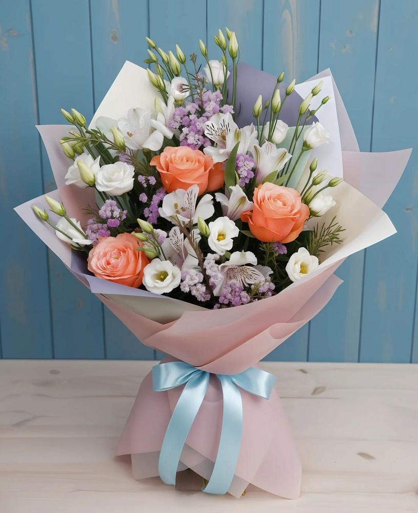 Букет цветов из: Лизиантусы, Розы, Альстромерии и Гипсофила в Юдино Республика Татарстан